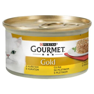 Purina Gourmet Gold konzerva pro kočky s kuřecím masem, zlaté balení, obrázek bílého kocoura a podávaného krmiva na talíři.