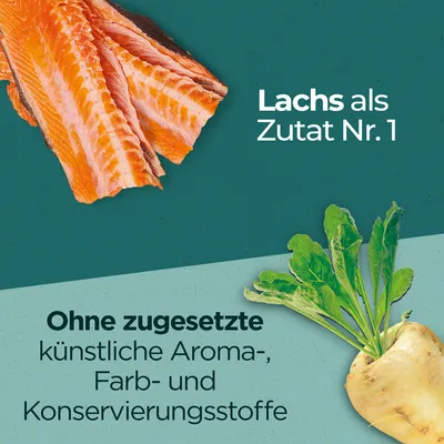 Lachs als Zutat Nr. 1. Ohne zugesetzte künstliche Aroma-, Farb- und Konservierungsstoffe.