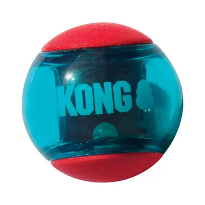 KONG bold af transparent blåt plast med røde ender, egnet til interaktiv leg.