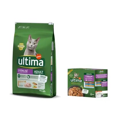 7,5 kg / 10 kg Ultima Crocchette  + 4 x 70 g / 8 x 85 g Umido per gatti gratis! - 10 kg Sterilized Adult Pollo + 8 x 85 g Sterilized Mix II (pollo, manzo, tonno, pesce di mare)