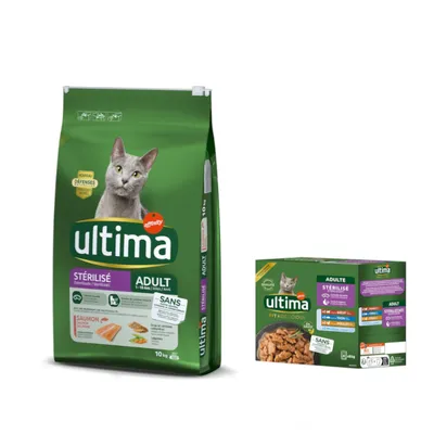 7,5 kg / 10 kg Ultima Crocchette  + 4 x 70 g / 8 x 85 g Umido per gatti gratis! - 10 kg Sterilized Adult Salmone + 8 x 85 g Sterilized Mix II (pollo, manzo, tonno, pesce di mare)