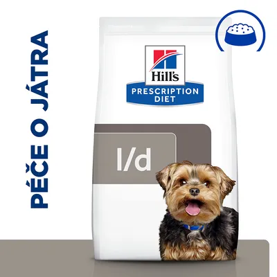 Hill's Prescription Diet l/d krmivo pre psov, balenie s obrázkom psa. Viditeľný text: PÉČE O JÁTRA (česky).