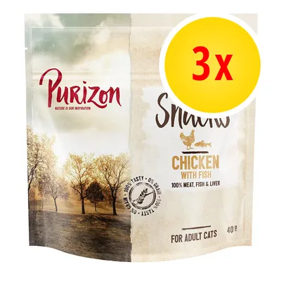 Pack of Purizon chicken with fish snacks for adult cats, 100% meat, fish and liver, grain-free, 40g. Yellow circle shows 3x indicating three packs included. Pack of Purizon chicken with fish snacks for adult cats, 100% meat, fish and liver, grain-free, 40g. Yellow circle shows 3x indicating three packs included.