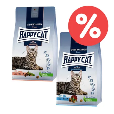 Happy Cat Trockenfutter für Katzen ab 1 Jahr, Sorten Atlantik Lachs und Quellwasser Forelle. All in One Konzept. Prozentzeichen für Rabattaktion.