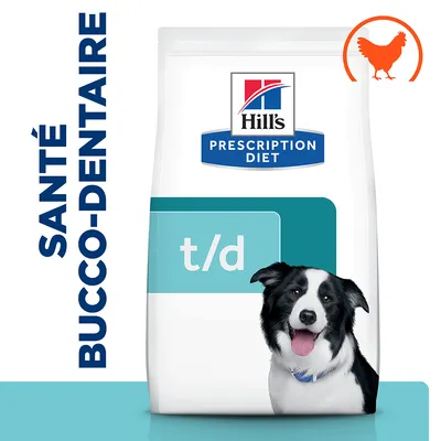 Hill's Prescription Diet t/d, image d’un chien, texte visible : SANTÉ BUCCO-DENTAIRE, pictogramme poulet en haut à droite sur l’emballage. Hill's Prescription Diet t/d, image d’un chien, texte visible : SANTÉ BUCCO-DENTAIRE, pictogramme poulet en haut à droite sur l’emballage.