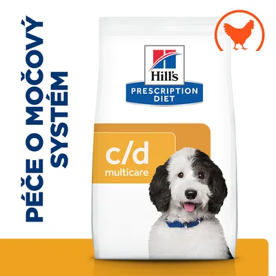 Hill's Prescription Diet c/d multicare, péče o močový systém, balení s obrázkem psa a ikonou kuřete v oranžovém kruhu.