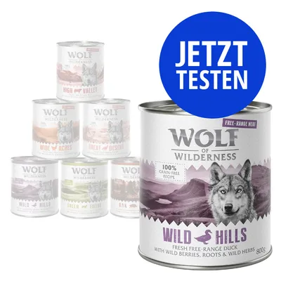 Wolf of Wilderness Wild Hills Nassfutterdose, Sorte: Fresh Free-Range Duck mit Wildbeeren, Wurzeln und Wildkräutern, 100% getreidefreie Rezeptur. Jetzt testen.