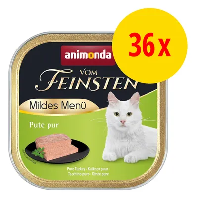animonda vom Feinsten Mildes Menü Pute pur, 36x. Abbildung einer weißen Katze und eines Fleischstücks auf schwarzem Teller.
