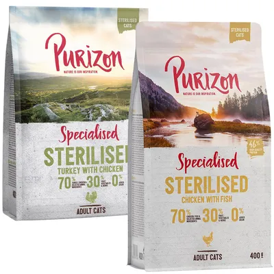 Purizon Specialised Sterilised pour chats adultes, 2 sachets : dinde/poulet et poulet/poisson. 70 % viande/poisson, 30 % fruits/légumes/herbes, 0 % céréales. Sachet 400 g visible.