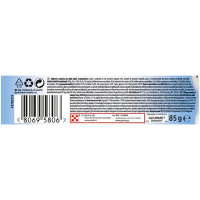 Etiqueta trasera de GOURMET DIAMANT 85 g con ingredientes, información nutricional, código de barras 80695806, símbolos de reciclaje y datos de contacto Purina. Texto en varios idiomas.