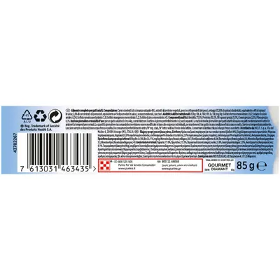 Etichetta Gourmet Diamant 85 g: ingredienti, analisi nutrizionale, dati di contatto Purina, codice a barre, simboli riciclo e alluminio. Alimento completo per gatti adulti.