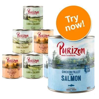 Purizon Chicken Fillet with Salmon, Lamb & Salmon, Game & Rabbit, Black Angus & Turkey wet food tins for adult dogs, 800g each. Large orange circle with white text: Try now!