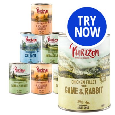 Purizon chicken fillet tins for adult dogs in flavours: game and rabbit, black angus and turkey, salmon, lamb and salmon. Blue circle with 'Try Now' text.