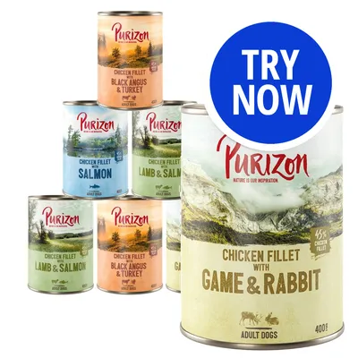 Purizon chicken fillet tins for adult dogs in flavours: game and rabbit, black angus and turkey, salmon, lamb and salmon. Blue circle with 'Try Now' text.
