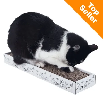 Černobílá kočka na kartonovém škrabadle s bílými okraji a černým dekorem, v pravém horním rohu oranžový nápis Top Seller. Černobílá kočka na kartonovém škrabadle s bílými okraji a černým dekorem, v pravém horním rohu oranžový nápis Top Seller.