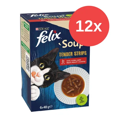 Purina Felix Soup Tender Strips, 12x48g, Rind, Huhn, Lamm. Ohne künstliche Farbstoffe.