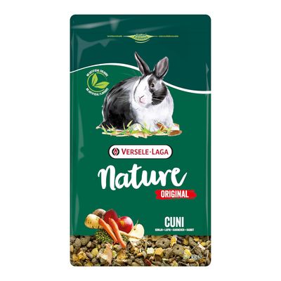 Versele-Laga Nature Original Cuni. Hrana za kunce z barvami iz naravnih sestavin, originalni recept in okus. Prikazano: zelenjava in kunec.