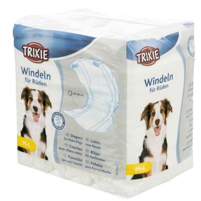 Confezione Trixie pannolini per cani maschi, taglia M-L, circonferenza 46–60 cm. Testo visibile in più lingue: Windeln für Rüden, Diapers for Male Dogs, Pannolini per cani maschi.