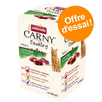 animonda Carny Country Adult Land-Vielfalt, offre d’essai, 6 x 100 g : 2x bœuf, canard, renne ; 2x dinde, bœuf, cerf ; 2x bœuf, agneau, faisan. Chat adulte illustré sur l’emballage. animonda Carny Country Adult Land-Vielfalt, offre d’essai, 6 x 100 g : 2x bœuf, canard, renne ; 2x dinde, bœuf, cerf ; 2x bœuf, agneau, faisan. Chat adulte illustré sur l’emballage.