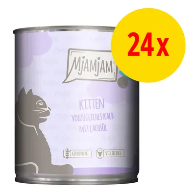 MjAMjAM Kitten Nassfutter, vorzügliches Kalb mit Lachsöl, getreidefrei, viel Fleisch. Packung enthält 24 Dosen. MjAMjAM Kitten Nassfutter, vorzügliches Kalb mit Lachsöl, getreidefrei, viel Fleisch. Packung enthält 24 Dosen.