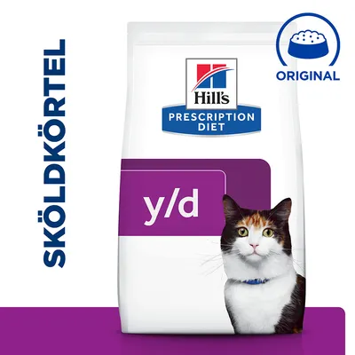 Hill's Prescription Diet y/d kattfoder, texten SKÖLDKÖRTEL och ORIGINAL synliga på förpackningen, bild på katt framtill.