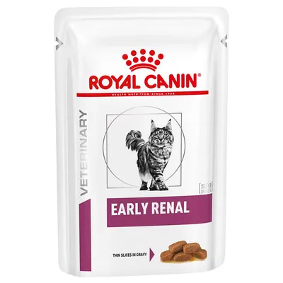 Royal Canin Veterinary Early Renal våtfoder för katt, text: Thin slices in gravy, bild på katt och foderbitar på förpackningen.