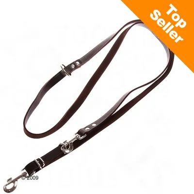 Kožené vodítko s kovovou karabinou, nápis Top Seller v oranžovém rohu obrázku. Kožené vodítko s kovovou karabinou, nápis Top Seller v oranžovém rohu obrázku.