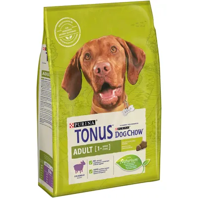 Sacchetto di crocchette Purina Tonus Dog Chow Adult 1+ con agnello, ingredienti naturali selezionati, senza coloranti, per cani adulti. Testo visibile: Naturium.