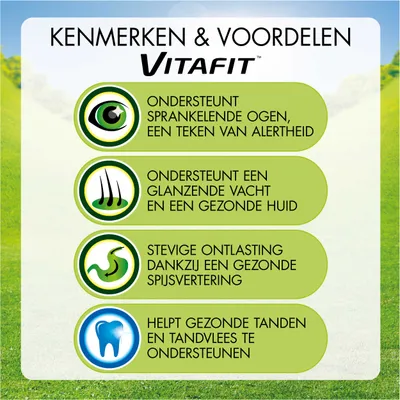 Vitafit kenmerken: ondersteunt sprankelende ogen, glanzende vacht en gezonde huid, stevige ontlasting door gezonde spijsvertering, helpt tanden en tandvlees te ondersteunen.