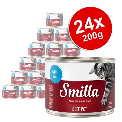 Smilla Beef Pot with Fish, 24 x 200g tins. Red label shows 'Contains Taurine', 'Grain-Free Recipe'. Large text: 24x 200g. Image of a cat on the tin.