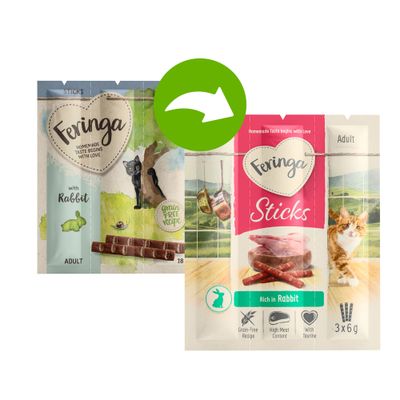 Feringa Sticks, reich an Kaninchen, Getreidefreie Rezeptur, für erwachsene Katzen, 18g. Verpackung zeigt schwarze Katze und Baum.