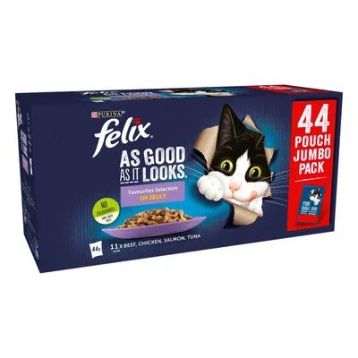Purina Felix As Good As It Looks Favourites Selection in Jelly, 44 pouch jumbo pack, 11 each beef, chicken, salmon, tuna. No colourants. Visible cat image on packaging.