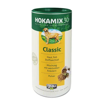 HOKAMIX 30 Classic, kompletteringsfoder för hundar. Hud, päls, ämnesomsättning. Blandning med värdefulla örter, pulver. Märke: grau.