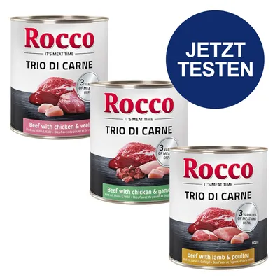 Rocco Trio di Carne Nassfutter, drei Sorten: Rind mit Huhn & Kalb, Rind mit Huhn & Wild, Rind mit Lamm & Geflügel. Jetzt testen.