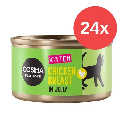 Cosma Pure Love Kitten Pechuga de pollo en gelatina, 24x lata, diseño verde con silueta de gato negro y símbolo de pollo amarillo.