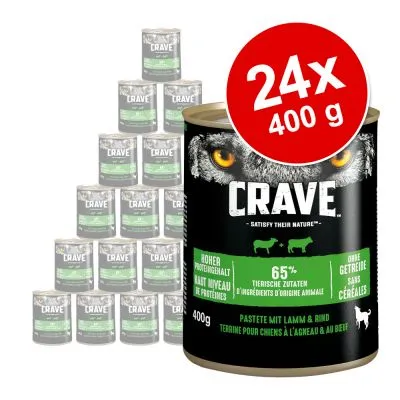 CRAVE våtfoder för hund, 24 x 400 g burkar. Text på burk: 65 % ingredienser av animaliskt ursprung, utan spannmål, högt proteininnehåll, lamm & nöt. Stor röd cirkel med '24x 400 g'.