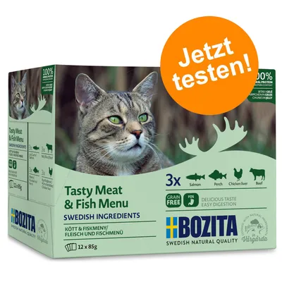 Bozita Tasty Meat & Fish Menu, svenske ingredienser, 12x85g. Kød- og fiskemenu med laks, aborre, kyllingelever, oksekød. Kornfri, letfordøjelig.