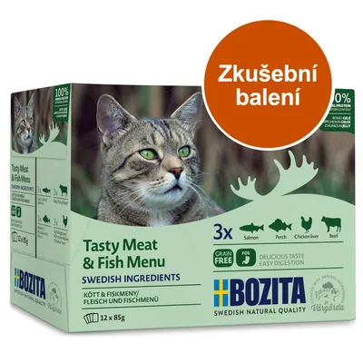 BOZITA Tasty Meat & Fish Menu, 12×85g, zkušební balení. Obsahuje lososa, okouna, kuřecí játra a hovězí. Grain free. Text v angličtině a němčině na obalu.