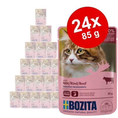 Pack de 24 saquetas Bozita para gato, sabor vaca, 85 g cada. Texto visível: 'with Nöt/Rind/Beef', 'Grain Free', 'Delicious Taste Easy Digestion', 'Swedish Ingredients'. Pack de 24 saquetas Bozita para gato, sabor vaca, 85 g cada. Texto visível: 'with Nöt/Rind/Beef', 'Grain Free', 'Delicious Taste Easy Digestion', 'Swedish Ingredients'.