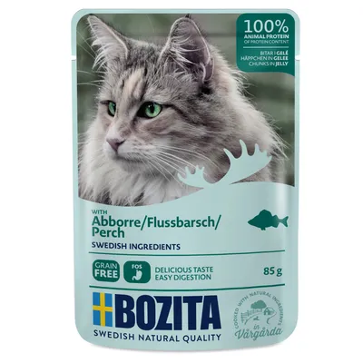 Bozita cibo per gatti con persico in gelatina, 100% proteine animali, senza cereali, ingredienti svedesi, 85g. Prodotto naturalmente a Vårgårda.