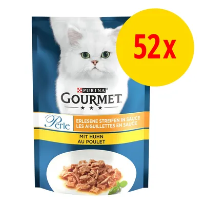 Purina Gourmet Perle, erlesene Streifen in Sauce, mit Huhn. Verpackung zeigt 52x Portionen.