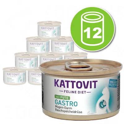 Lot de 12 boîtes Kattovit Feline Diet Gastro mit Pute, Magen-Darm Bauchspeicheldrüse. Texte en allemand sur l’étiquette, illustration de chat visible. Lot de 12 boîtes Kattovit Feline Diet Gastro mit Pute, Magen-Darm Bauchspeicheldrüse. Texte en allemand sur l’étiquette, illustration de chat visible.