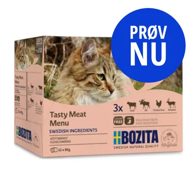 Bozita Tasty Meat Menu kattemad, 12 x 85 g. Synlig tekst: 'Swedish Ingredients', 'Grain Free', 'Delicious Taste Easy Digestion', 'PRØV NU'. Billede af kat på emballagen.