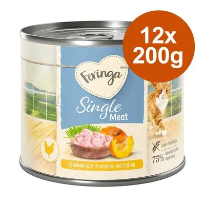 Feringa Single Meat, 12x200g, Chicken with Pumpkin and Catnip, 75 % selected animal ingredients, sans céréales, image de chat et morceaux de viande sur la boîte. Feringa Single Meat, 12x200g, Chicken with Pumpkin and Catnip, 75 % selected animal ingredients, sans céréales, image de chat et morceaux de viande sur la boîte.