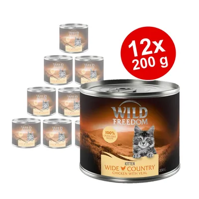 Zestaw 12 puszek po 200 g Wild Freedom Kitten Wide Country Chicken with Veal, widoczny napis: 100% grain-free recipe.