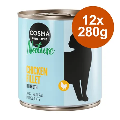 Cosma Nature Chicken Fillet in Broth, 12x280g, 100% natürliche Zutaten. Silhouette einer Katze und Huhn-Symbol sichtbar.