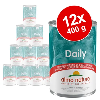 Комплект 12 консерви по 400 г Almo Nature Daily с говеждо. Видими надписи: Daily, almo nature OWNED BY THE ANIMALS, CON MANZO – С ГОВЕЖДО. Комплект 12 консерви по 400 г Almo Nature Daily с говеждо. Видими надписи: Daily, almo nature OWNED BY THE ANIMALS, CON MANZO – С ГОВЕЖДО.