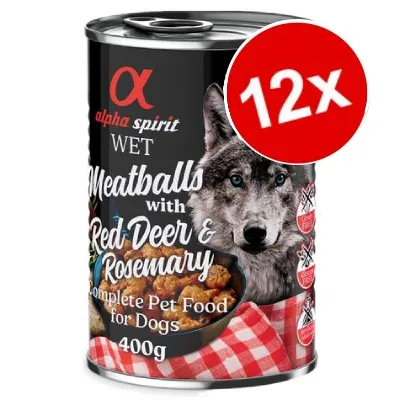 alpha spirit Wet Meatballs with Red Deer & Rosemary, Complete Pet Food for Dogs, 400g. Förpackning med 12 burkar synlig.