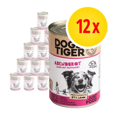 Confezione da 12 lattine DOGS'n TIGER Abendbrot Lamm mit Pastinake, 67% lamm, alimento completo per cani adulti, 100% natural. Testo in tedesco sull'etichetta. Confezione da 12 lattine DOGS'n TIGER Abendbrot Lamm mit Pastinake, 67% lamm, alimento completo per cani adulti, 100% natural. Testo in tedesco sull'etichetta.