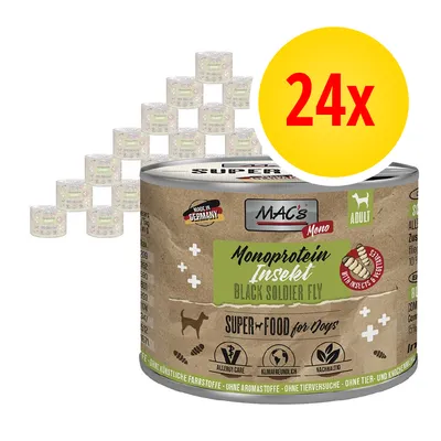 24x MAC's Mono Monoprotein Insekt Black Soldier Fly, alimento per cani adulti. Testo visibile: Made in Germany, Super Food for Dogs, Allergy Care, Klimafreundlich, Nachhaltig. 24x MAC's Mono Monoprotein Insekt Black Soldier Fly, alimento per cani adulti. Testo visibile: Made in Germany, Super Food for Dogs, Allergy Care, Klimafreundlich, Nachhaltig.
